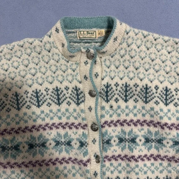 L.L. Bean Vintage Nordic Wool Cardigan Fair Isle Teal Cream Womens Size XL - Picture 3 of 10